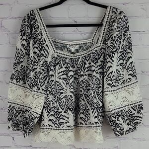 Panama Jack Linen Black & White Palm Tree Print Balloon Sleeve Top. Size Large.